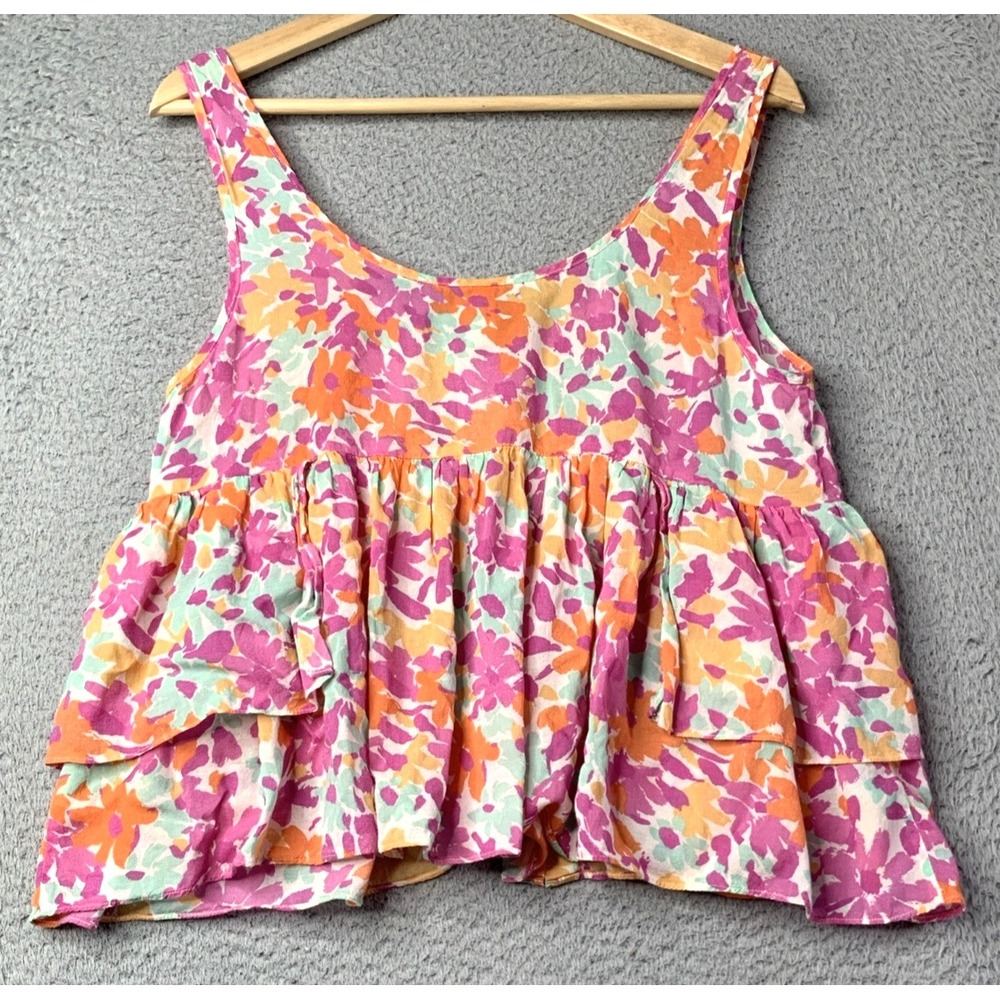 Free People Top Womens Size Small  Pink Floral Sleeveless Layer Ruffle Tank Top - Picture 4 of 8